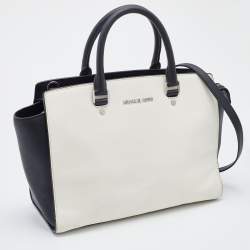 Pre Owned MICHAEL Michael Kors White/Black Leather Selma Satchel