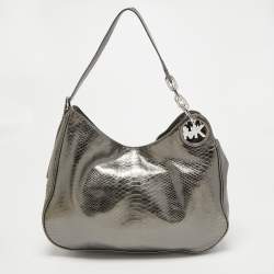 مملوكة مسبقًا MICHAEL Michael Kors Metallic Grey Python Embossed Leather Hobo