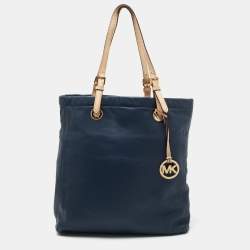Pre Owned MICHAEL Michael Kors Blue/Beige Leather Jet Set Tote 