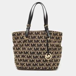 Pre Owned MICHAEL Michael Kors Black/Beige Signature Canvas Jet Set Tote