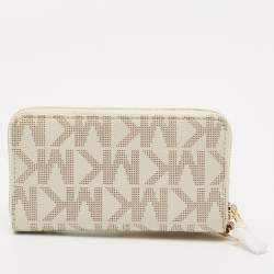 MICHAEL Michael Kors White/Beige Signature Coated Canvas Zip Around Wristlet Wallet