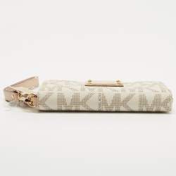 MICHAEL Michael Kors White/Beige Signature Coated Canvas Zip Around Wristlet Wallet