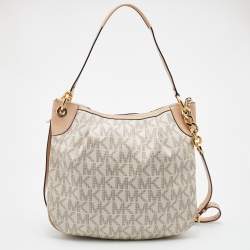 Pre Owned MICHAEL Michael Kors White Signature Coated Canvas Bedford Large Convertible Shoulder Bag