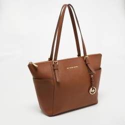 Pre Owned MICHAEL Michael Kors Brown Saffiano Leather Medium Jet Set Top Zip Tote