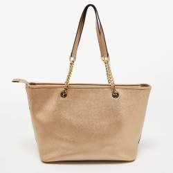 Pre Owned MICHAEL Micheal Kors Gold Leather Jet Set Top Zip Chain Tote 