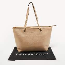 Pre Owned MICHAEL Micheal Kors Gold Leather Jet Set Top Zip Chain Tote 