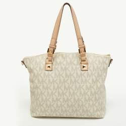 Pre Owned MICHAEL Michael Kors Ivory Signature Coated Canvas and Leather Jet Set Zip Tote 