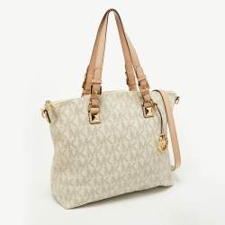 Pre Owned MICHAEL Michael Kors Ivory Signature Coated Canvas and Leather Jet Set Zip Tote 