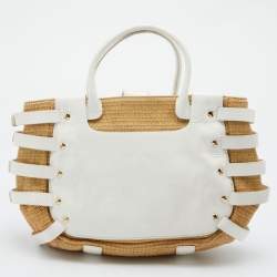 Pre Owned MICHAEL Michael Kors Beige/White Patent Leather and Raffia Hobo