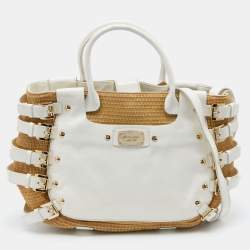 Pre Owned MICHAEL Michael Kors Beige/White Patent Leather and Raffia Hobo