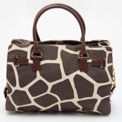 Pre Owned MICHAEL Michael Kors Brown Printed Canvas and Leather East West Hamilton Tote