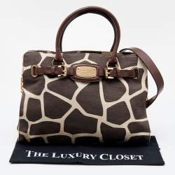 Pre Owned MICHAEL Michael Kors Brown Printed Canvas and Leather East West Hamilton Tote