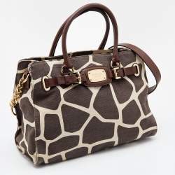 Pre Owned MICHAEL Michael Kors Brown Printed Canvas and Leather East West Hamilton Tote