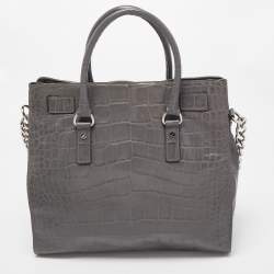 مملوكة مسبقًا MICHAEL Michael Kors Grey Croc Embossed Leather Large Hamilton North South Tote