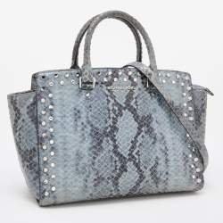 Pre Owned MICHAEL Michael Kors Blue Python Embossed Leather Large Embellished Selma Satchel