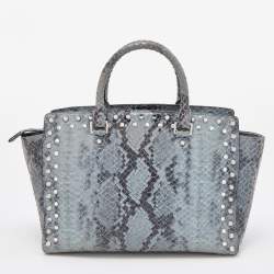 Pre Owned MICHAEL Michael Kors Blue Python Embossed Leather Large Embellished Selma Satchel