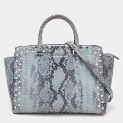 Pre Owned MICHAEL Michael Kors Blue Python Embossed Leather Large Embellished Selma Satchel