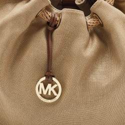 Pre Owned MICHAEL Michael Kors Metallic Gold/Brown Canvas and Leather Marina Drawstring Tote