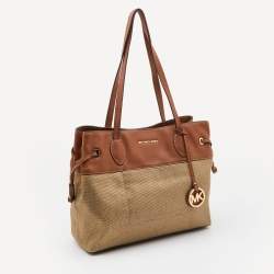 Pre Owned MICHAEL Michael Kors Tan Canvas and Leather Tote