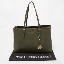 Pre Owned MICHAEL Michael Kors Olive Green Saffiano Leather Large Jet Set Travel Tote