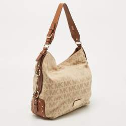 Pre Owned Michael Michael Kors Beige/Brown Signature Canvas and Leather Studded Hobo