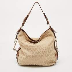 Pre Owned Michael Michael Kors Beige/Brown Signature Canvas and Leather Studded Hobo