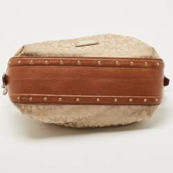 Pre Owned Michael Michael Kors Beige/Brown Signature Canvas and Leather Studded Hobo