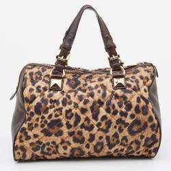 Pre Owned MICHAEL Michael Kors Brown Leopard Print Satin and Leather Boston Bag