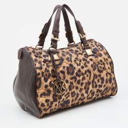 Pre Owned MICHAEL Michael Kors Brown Leopard Print Satin and Leather Boston Bag