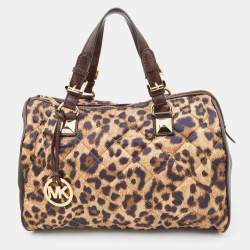 Pre Owned MICHAEL Michael Kors Brown Leopard Print Satin and Leather Boston Bag