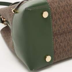 Pre Owned MICHAEL Michael Kors Green/Brown Signature Coated Canvas and Leather Mercer Drawstring Bucket Bag 