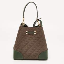 Pre Owned MICHAEL Michael Kors Green/Brown Signature Coated Canvas and Leather Mercer Drawstring Bucket Bag 