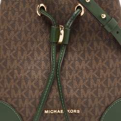 Pre Owned MICHAEL Michael Kors Green/Brown Signature Coated Canvas and Leather Mercer Drawstring Bucket Bag 