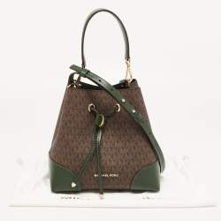 Pre Owned MICHAEL Michael Kors Green/Brown Signature Coated Canvas and Leather Mercer Drawstring Bucket Bag 