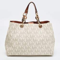 Pre Owned MICHAEL Michael Kors Off White Signature Coated Canvas Cynthia Tote