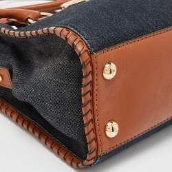 Pre Owned MICHAEL Michael Kors Blue/Tan Whipped Stitched Denim and Leather Hamilton Tote