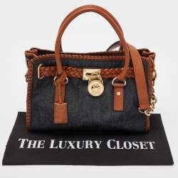 Pre Owned MICHAEL Michael Kors Blue/Tan Whipped Stitched Denim and Leather Hamilton Tote