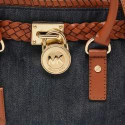 Pre Owned MICHAEL Michael Kors Blue/Tan Whipped Stitched Denim and Leather Hamilton Tote