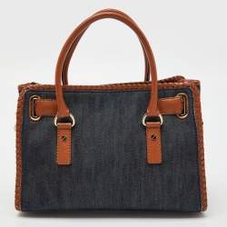 Pre Owned MICHAEL Michael Kors Blue/Tan Whipped Stitched Denim and Leather Hamilton Tote