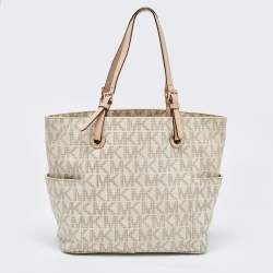 Pre Owned MICHAEL Michael Kors Off White/Beige Signature Coated Canvas and Leather Jet Set East West Tote