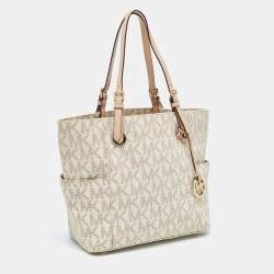 Pre Owned MICHAEL Michael Kors Off White/Beige Signature Coated Canvas and Leather Jet Set East West Tote
