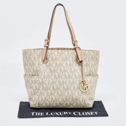 Pre Owned MICHAEL Michael Kors Off White/Beige Signature Coated Canvas and Leather Jet Set East West Tote