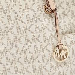 Pre Owned MICHAEL Michael Kors Off White/Beige Signature Coated Canvas and Leather Jet Set East West Tote