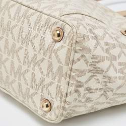 Pre Owned MICHAEL Michael Kors Off White/Beige Signature Coated Canvas and Leather Jet Set East West Tote