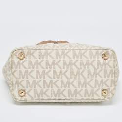 Pre Owned MICHAEL Michael Kors Off White/Beige Signature Coated Canvas and Leather Jet Set East West Tote