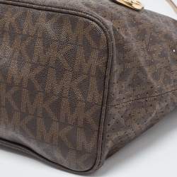 Pre Owned MICHAEL Michael Kors Dark Brown Signature Perforated Coated Canvas Large Jet Set Travel Tote