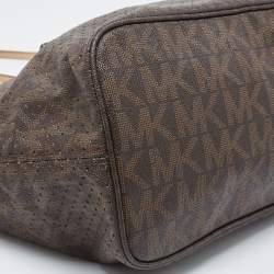 Pre Owned MICHAEL Michael Kors Dark Brown Signature Perforated Coated Canvas Large Jet Set Travel Tote