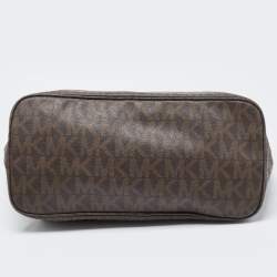 Pre Owned MICHAEL Michael Kors Dark Brown Signature Perforated Coated Canvas Large Jet Set Travel Tote