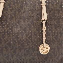 Pre Owned MICHAEL Michael Kors Dark Brown Signature Perforated Coated Canvas Large Jet Set Travel Tote