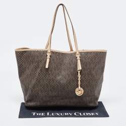 Pre Owned MICHAEL Michael Kors Dark Brown Signature Perforated Coated Canvas Large Jet Set Travel Tote